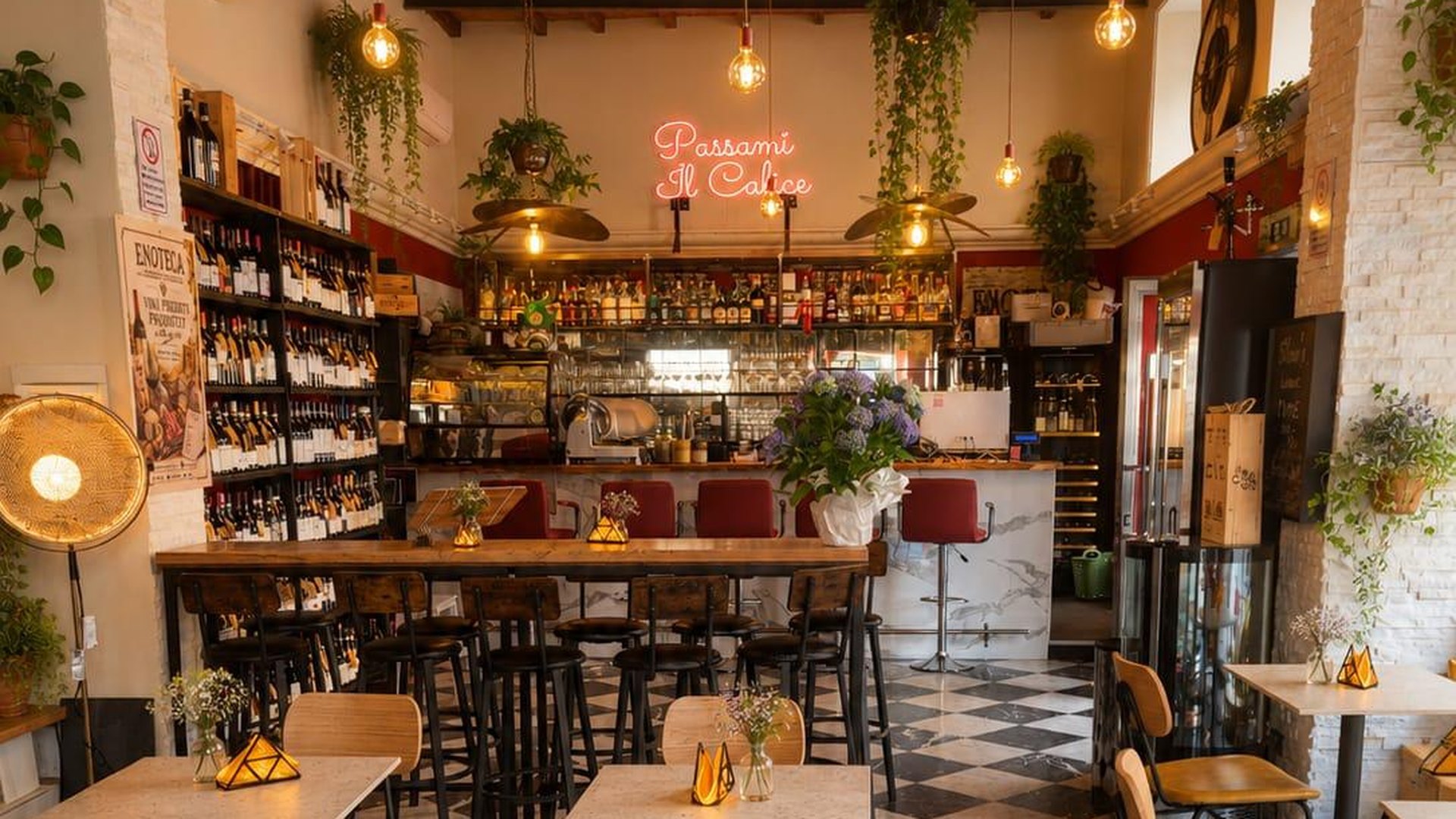 La sala dell'Enoteca Passami il Calice: insegna al neon rossa, parete di bottiglie con cartellini in carta kraft, bancone e pavimento a scacchiera